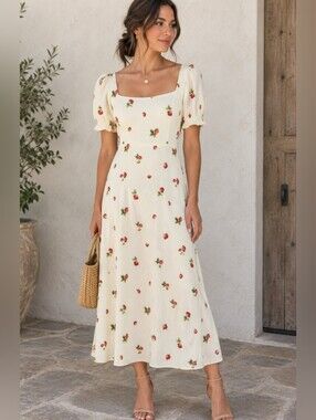 Jo West Cream Strawberry-Print Midi Dress with Square Neck